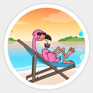 Flamingo Chill At Beach With Sunset Comic Style Sticker